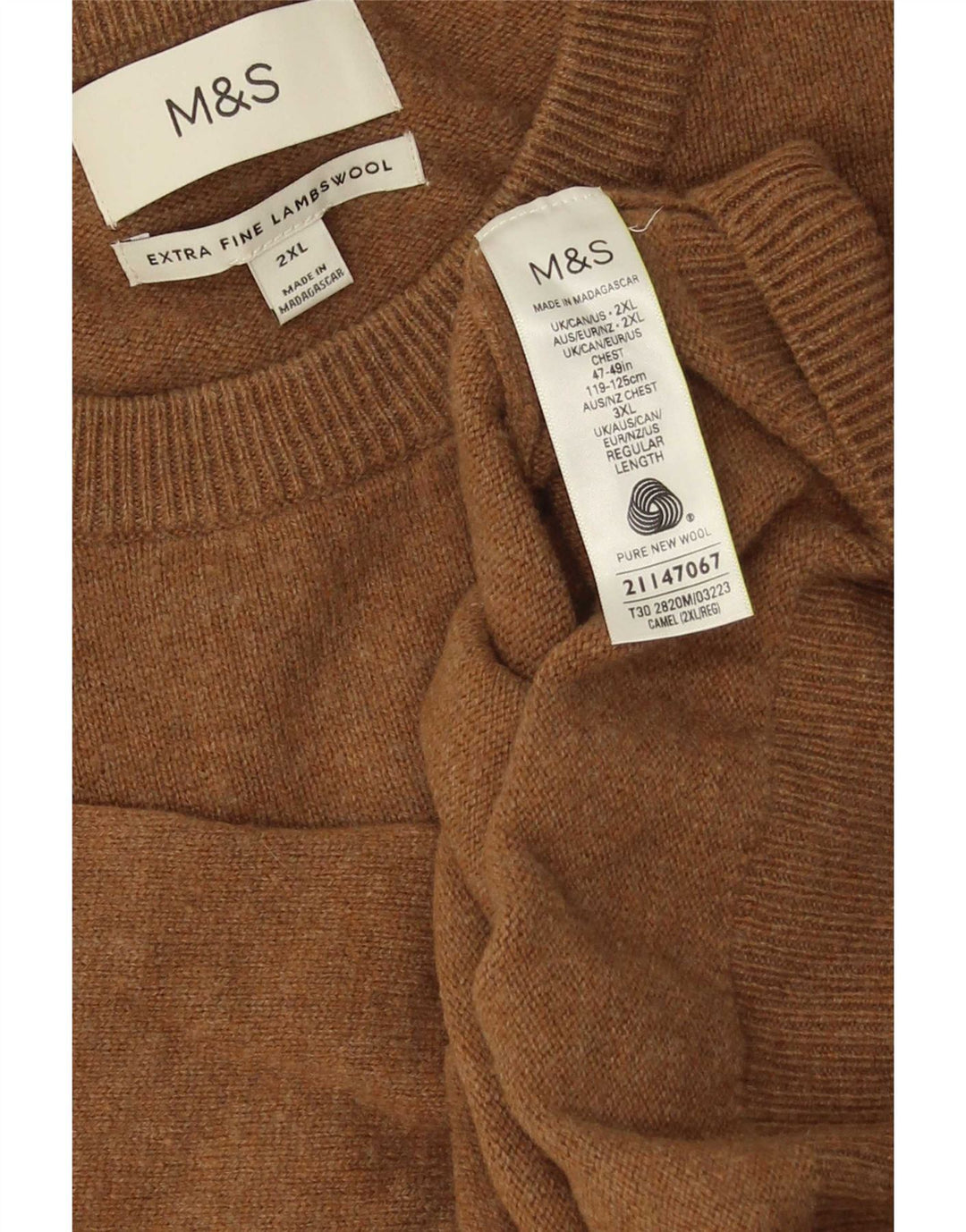 Marks & Spencer Pull à col rond pour homme 2XL en laine d'agneau marron
