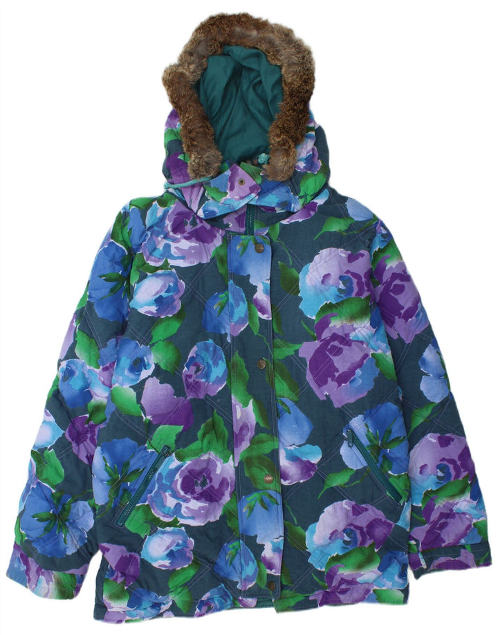 VINTAGE Veste réversible graphique surdimensionnée pour femmes UK 16 Large Turquoise