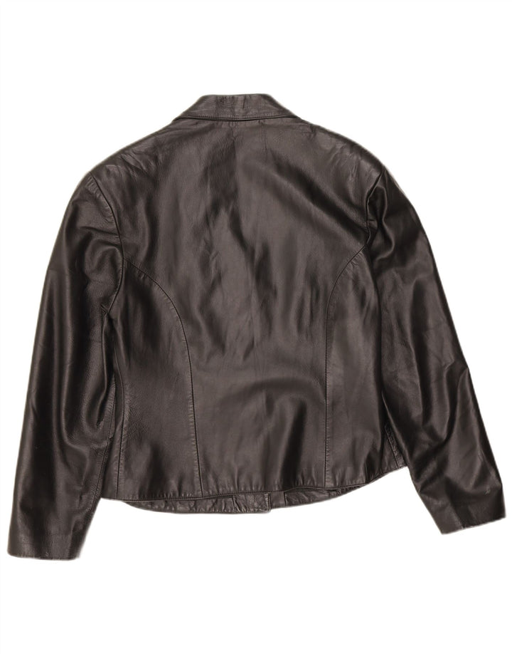 vintage Femme 3 Boutons Veste Blazer En Cuir IT 46 Grand Cuir Noir
