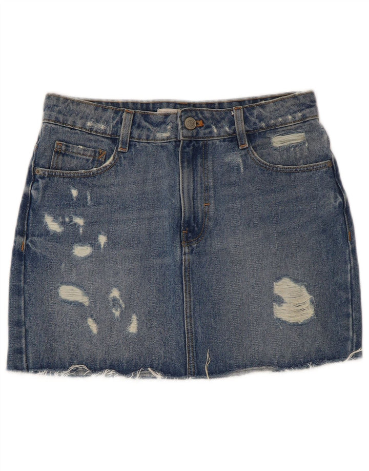 ZARA Femmes Trafaluc Distressed Mini Jupe En Jean XS W24 Bleu Coton