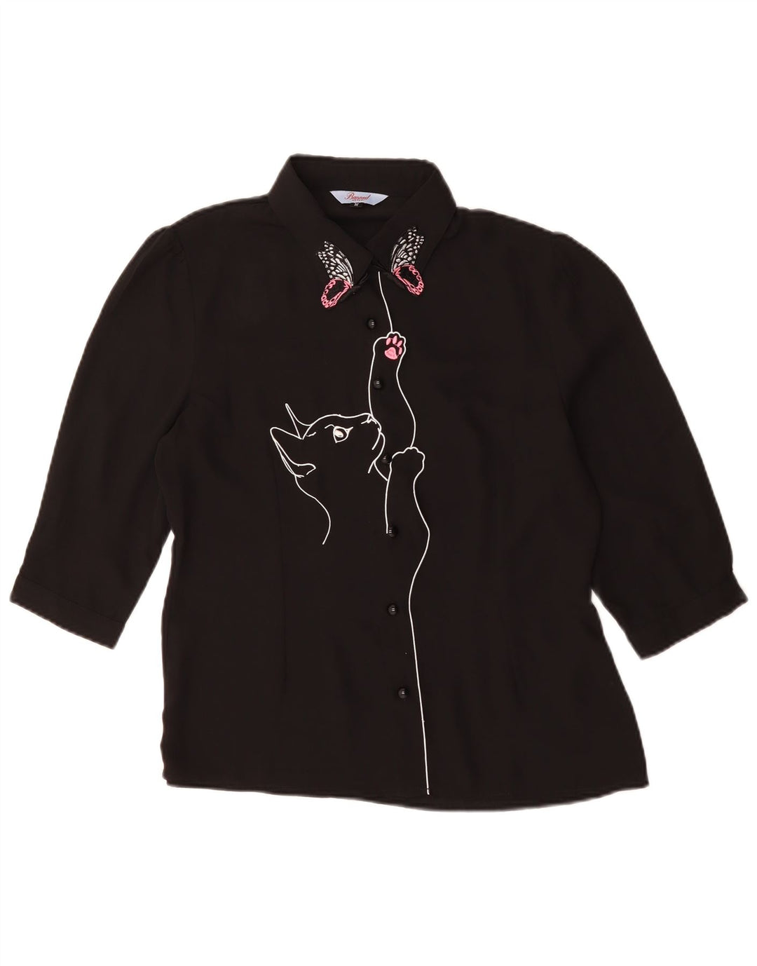 vintage Femmes Graphique Chemise À Manches Courtes Blouse UK 14 Moyen Noir