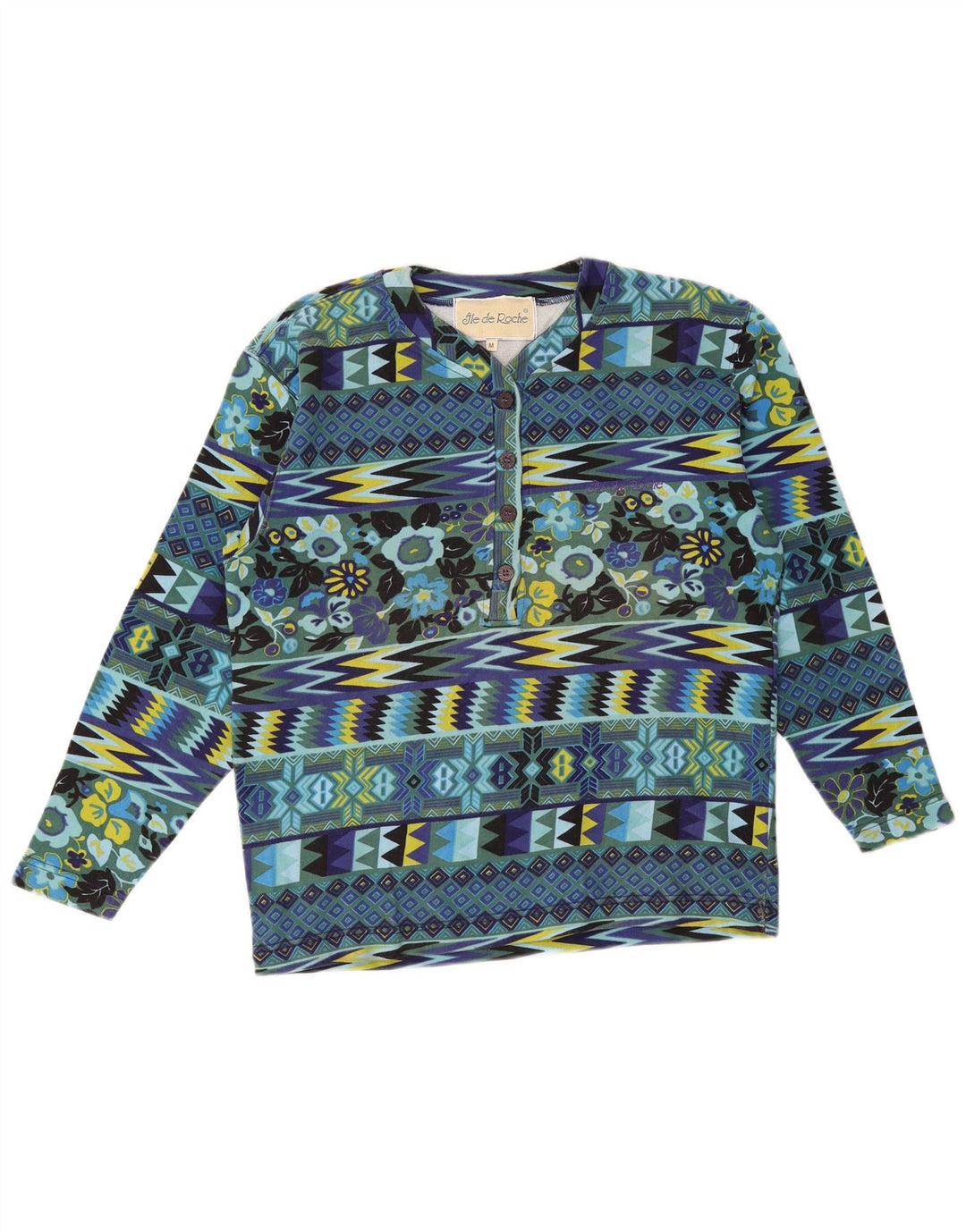 vintage Femme Top Manches Longues UK 14 Coton Géométrique Bleu Moyen