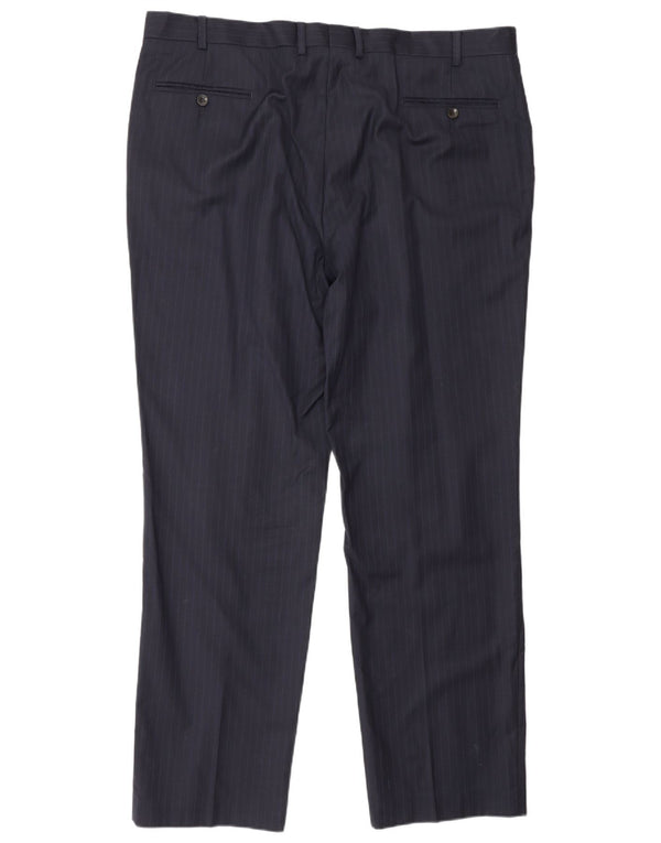 Marks & Spencer Pantalon de Costume Droit Homme W42 L33 Laine Rayée Bleu Marine