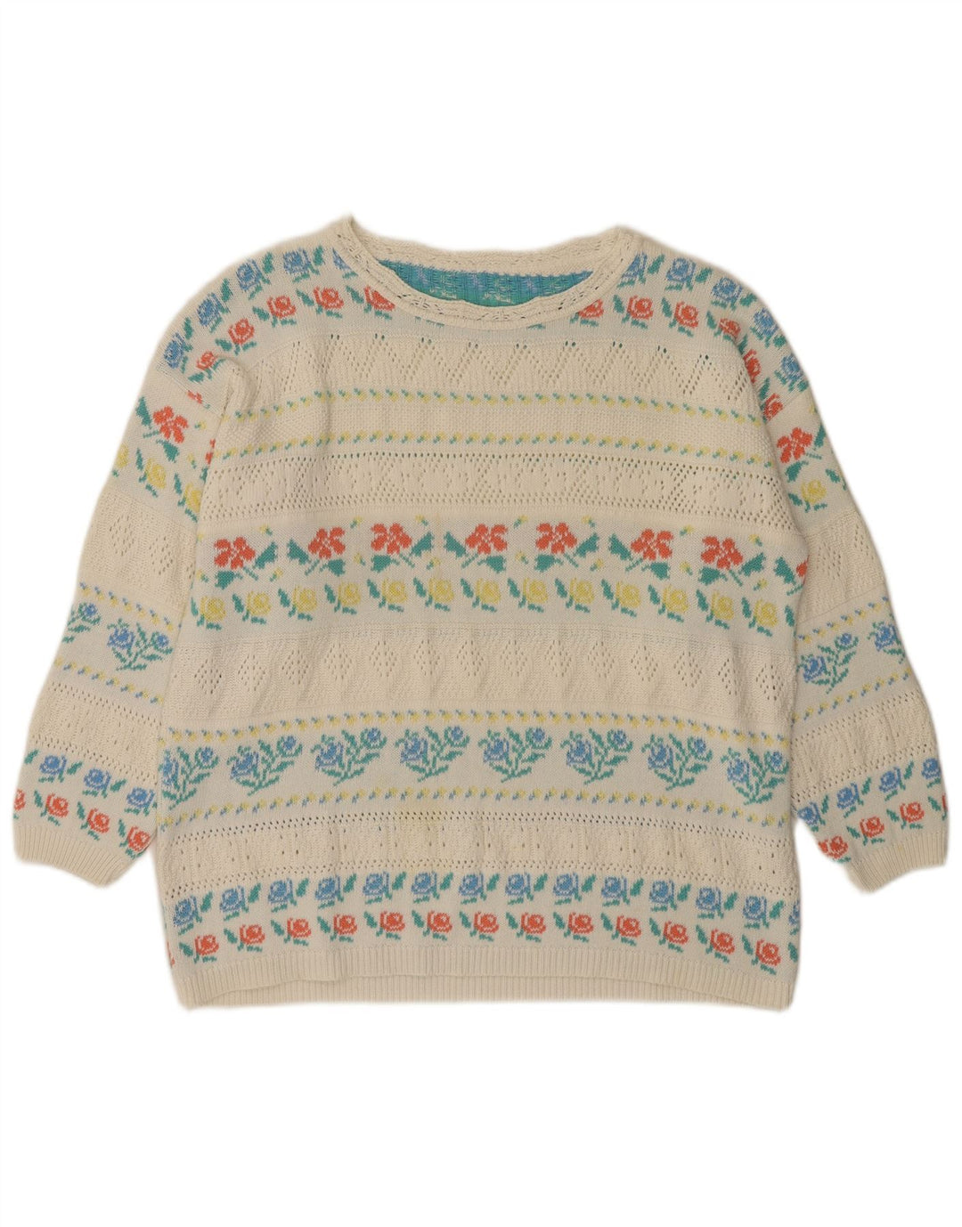 VINTAGE Femme Col Bateau Pull Pull IT 46 Grand Acrylique Floral Blanc