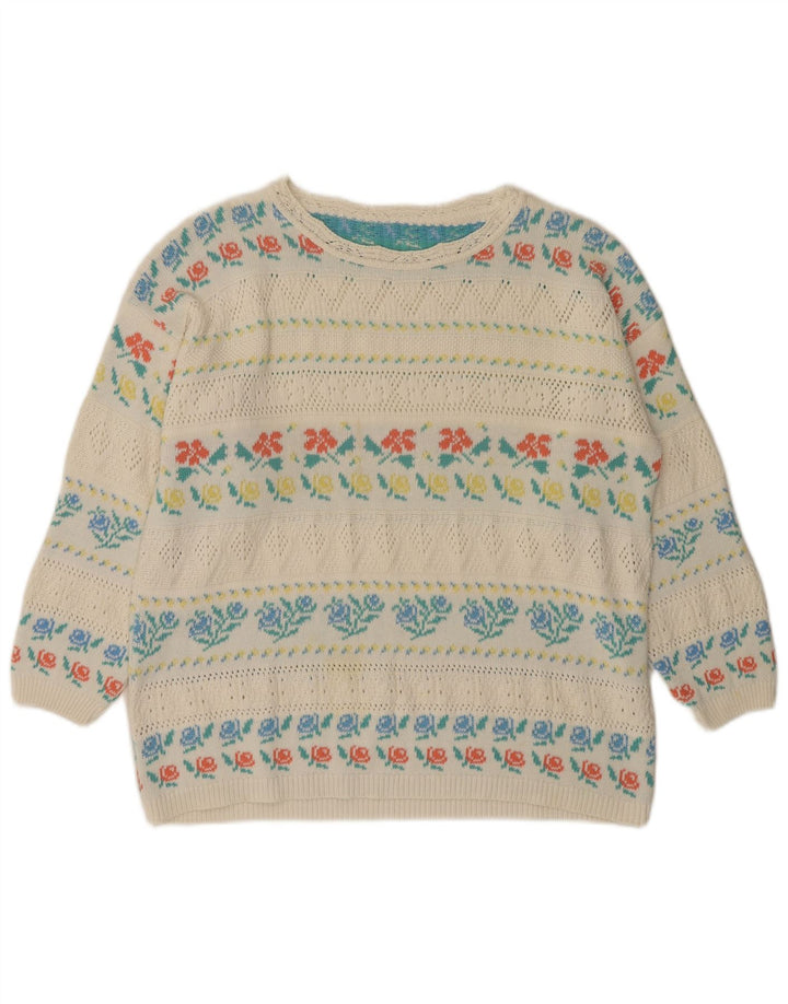 VINTAGE Femme Col Bateau Pull Pull IT 46 Grand Acrylique Floral Blanc