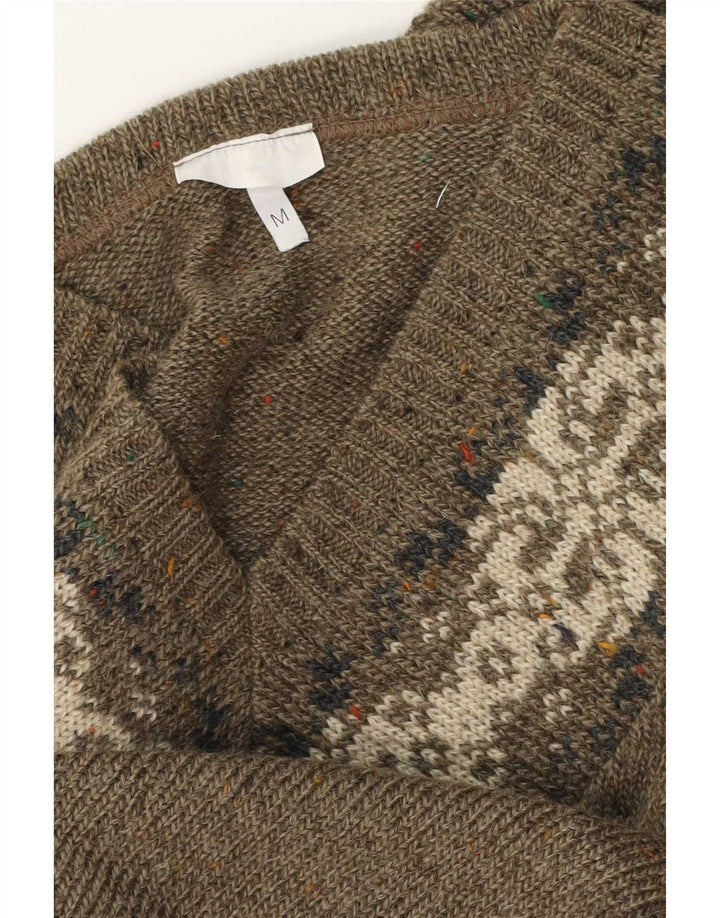 vintage Homme Col V Pull Pull Moyen Kaki Fair Isle