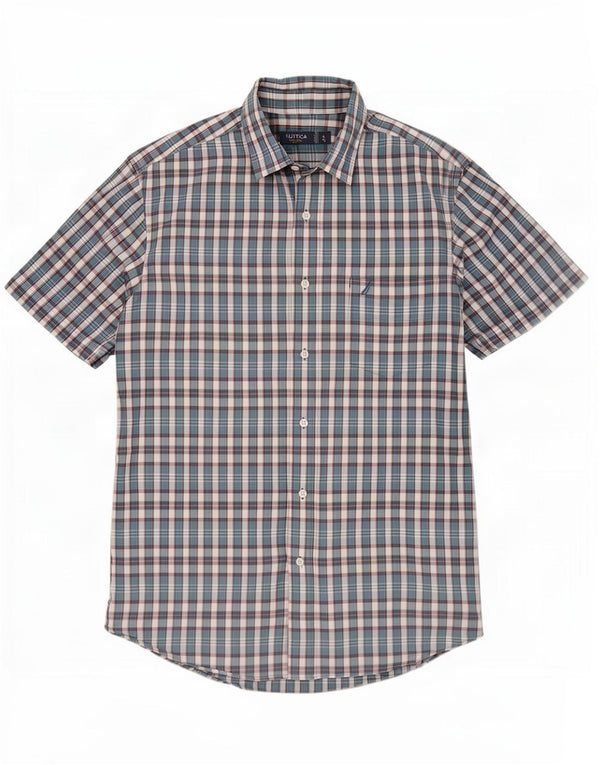 Nautica Chemise ajustée à manches courtes pour homme en coton à carreaux bleus
