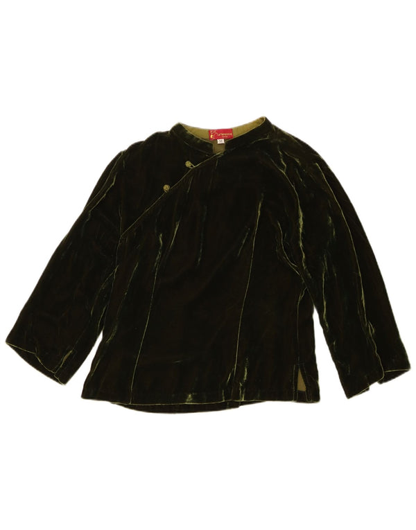 vintage Womens Velvet Top 3/4 Manches UK 12 Moyen Vert Rayé