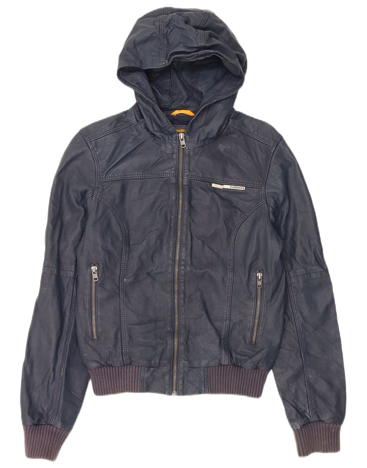 Superdry Veste en cuir à capuche pour femme UK 14 Cuir bleu marine moyen