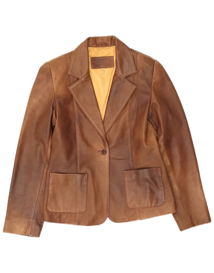 vintage Femmes 1 Bouton Veste Blazer En Cuir UK 10 Petit Brun