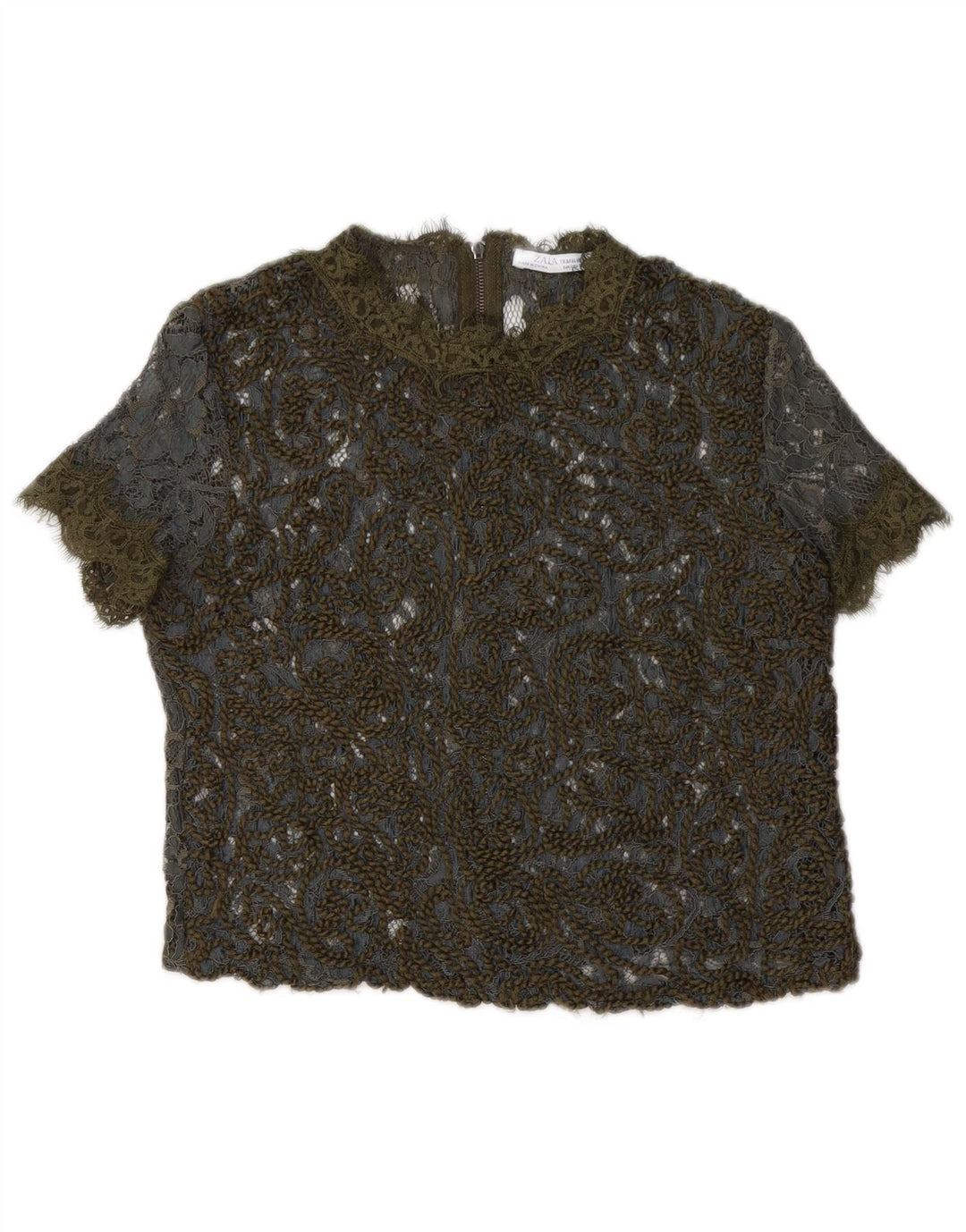 Zara Womens Crop Lace See Through Top UK 10 Petit Kaki Floral
