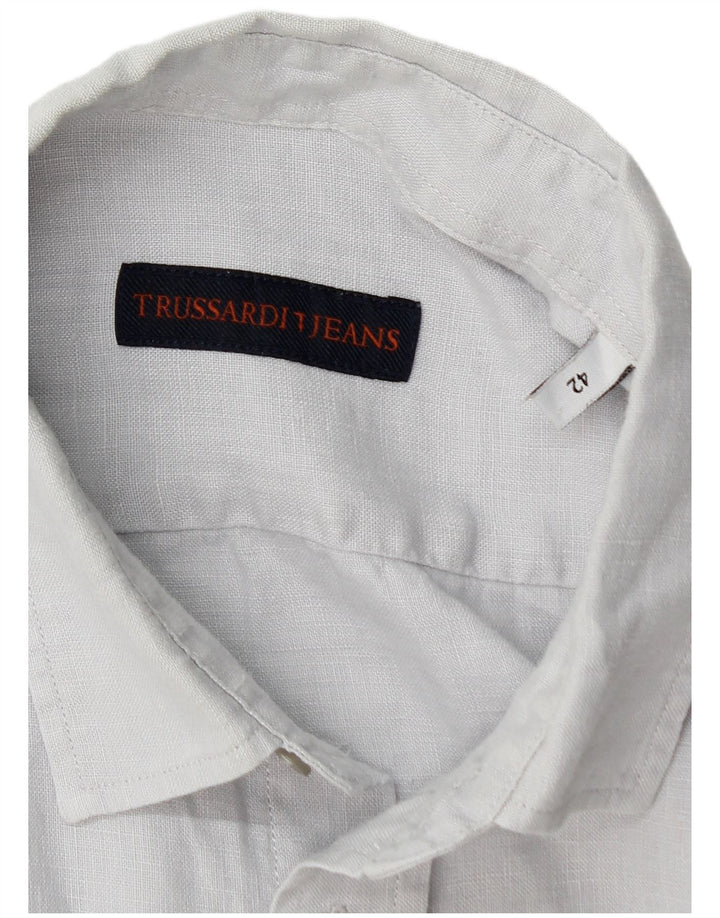 Trussardi Jeans Chemise Homme Taille 42 Large Bleu Lin