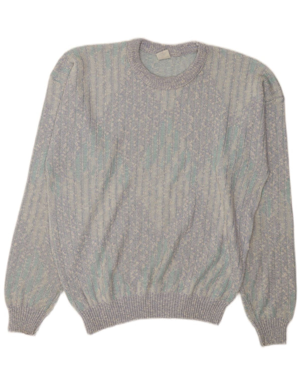 vintage Womens Crew Neck Jumper Pull UK 18 XL Gris Pinstripe Coton