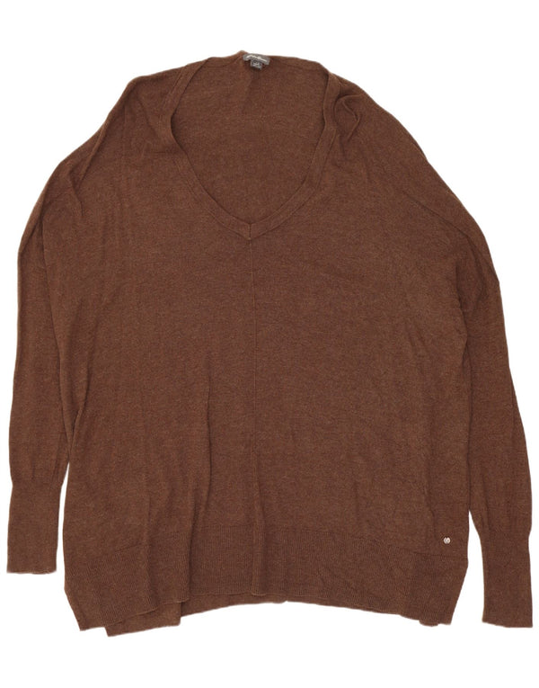 Eddie Bauer Pull long à col en V pour femme UK 16 Grand coton marron