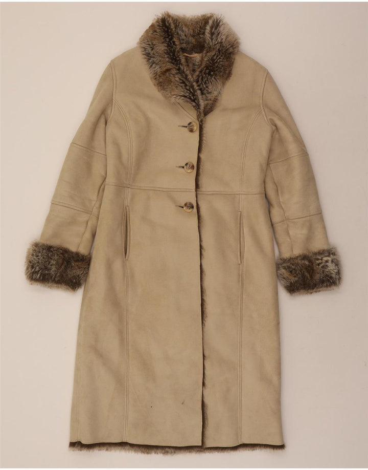 VINTAGE Womens Sherpa Overcoat UK 14 Medium Beige Polyester Vintage Vintage and Second-Hand Vintage from Messina Hembry 
