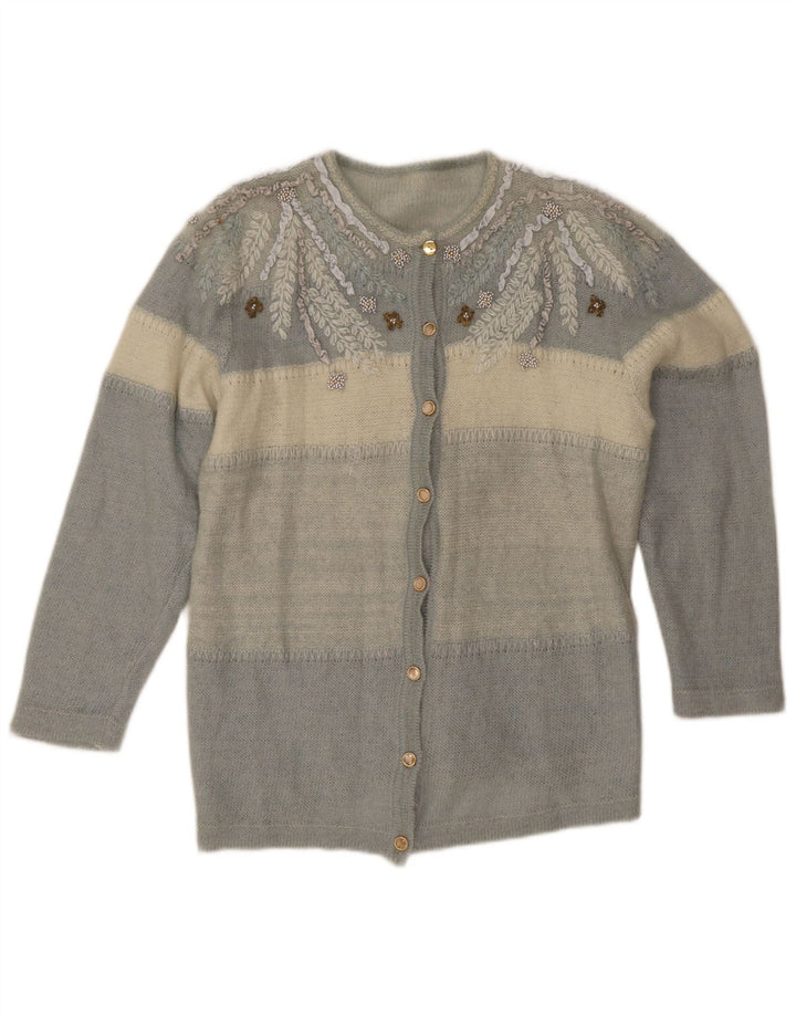 vintage Femme Cardigan Pull UK 12 Medium Blue Colourblock