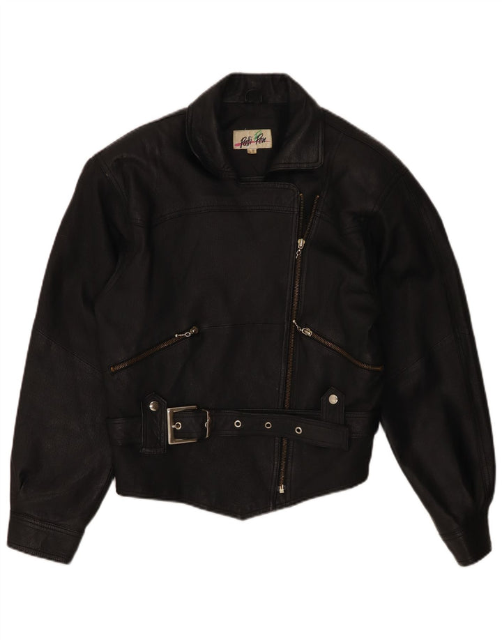 veste biker en cuir femme vintage UK 10 Petit cuir noir