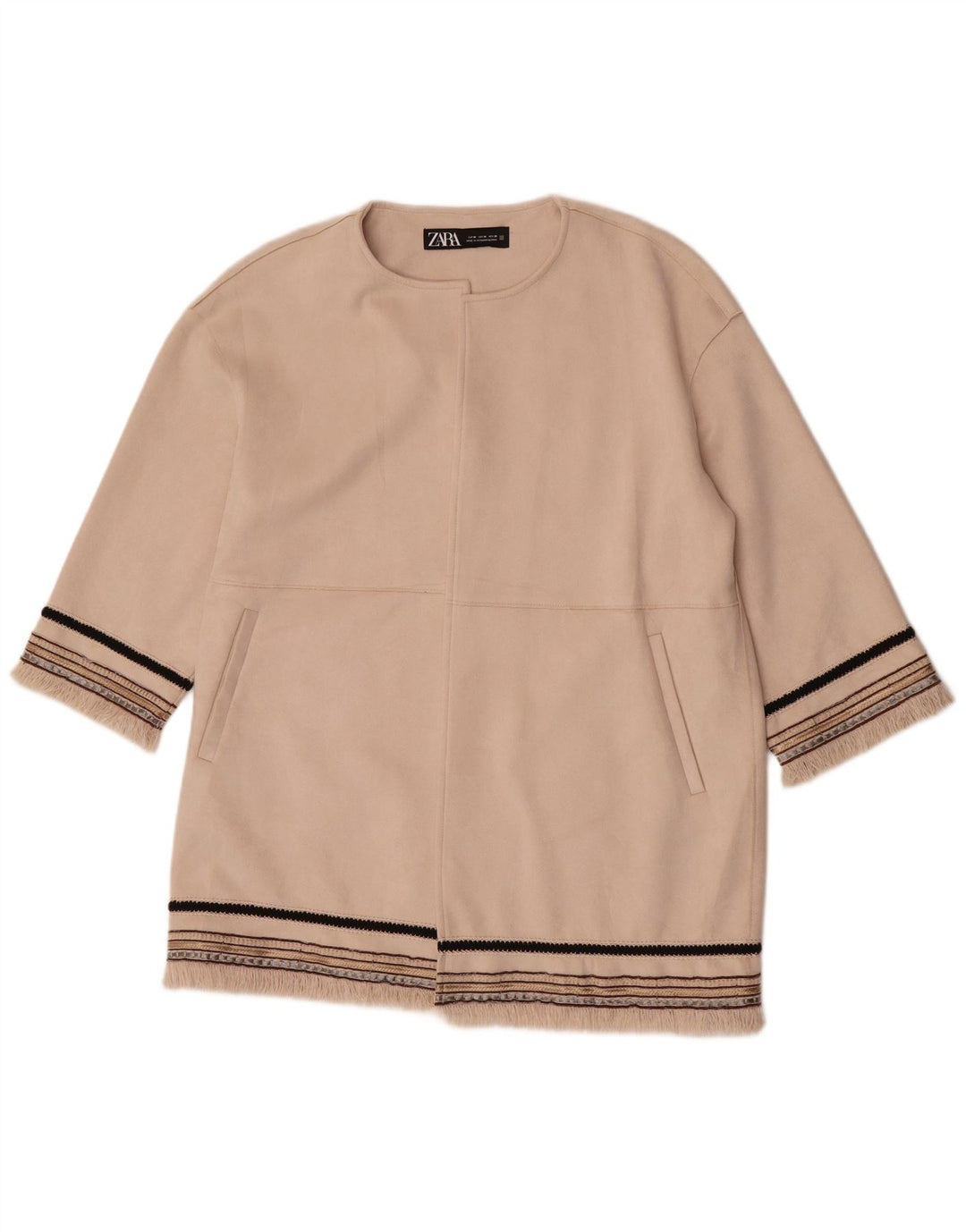 Zara Veste blazer ouverte à manches 3/4 pour femme UK 14 Beige moyen rayé