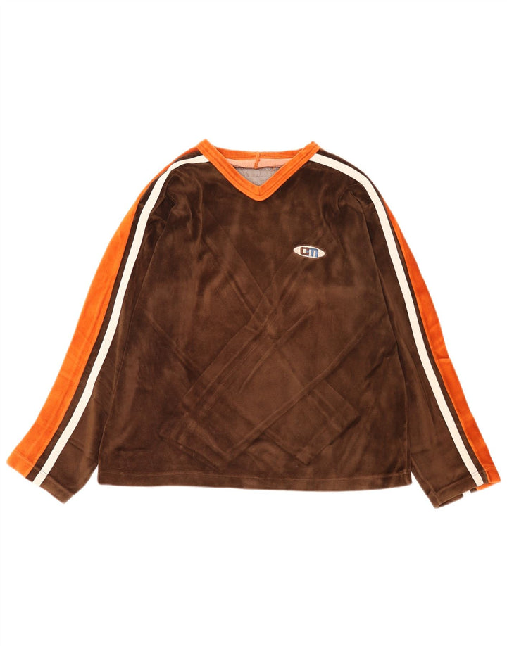 vintage Mens Top Manches Longues Grand Marron Colourblock Coton