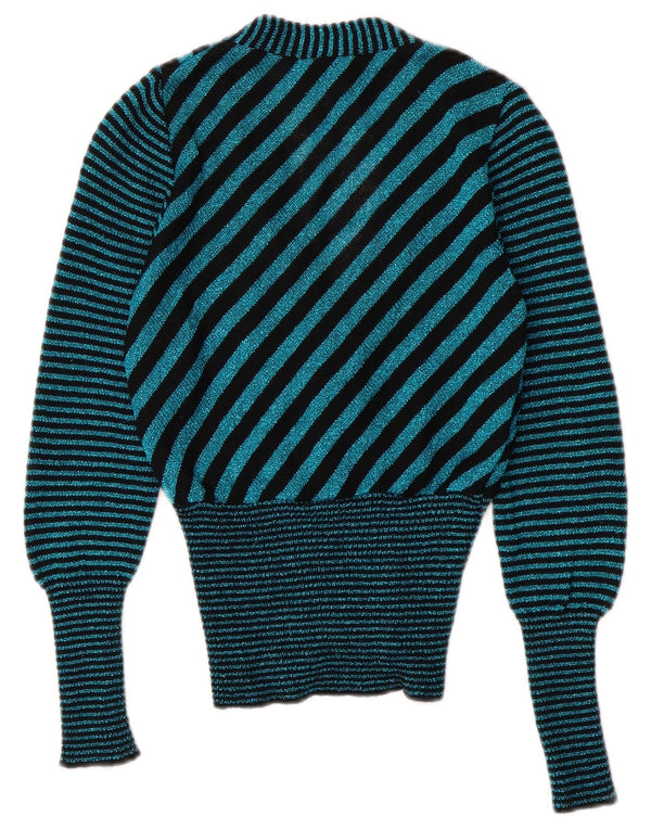 vintage Femmes V-Col Cardigan Pull UK 6 XS Turquoise Rayé