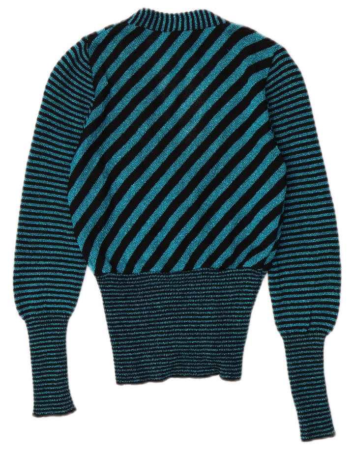 vintage Femmes V-Col Cardigan Pull UK 6 XS Turquoise Rayé