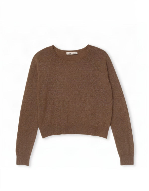 Zara Pull col bateau pour femme UK 16 Large Kaki Moucheté Viscose