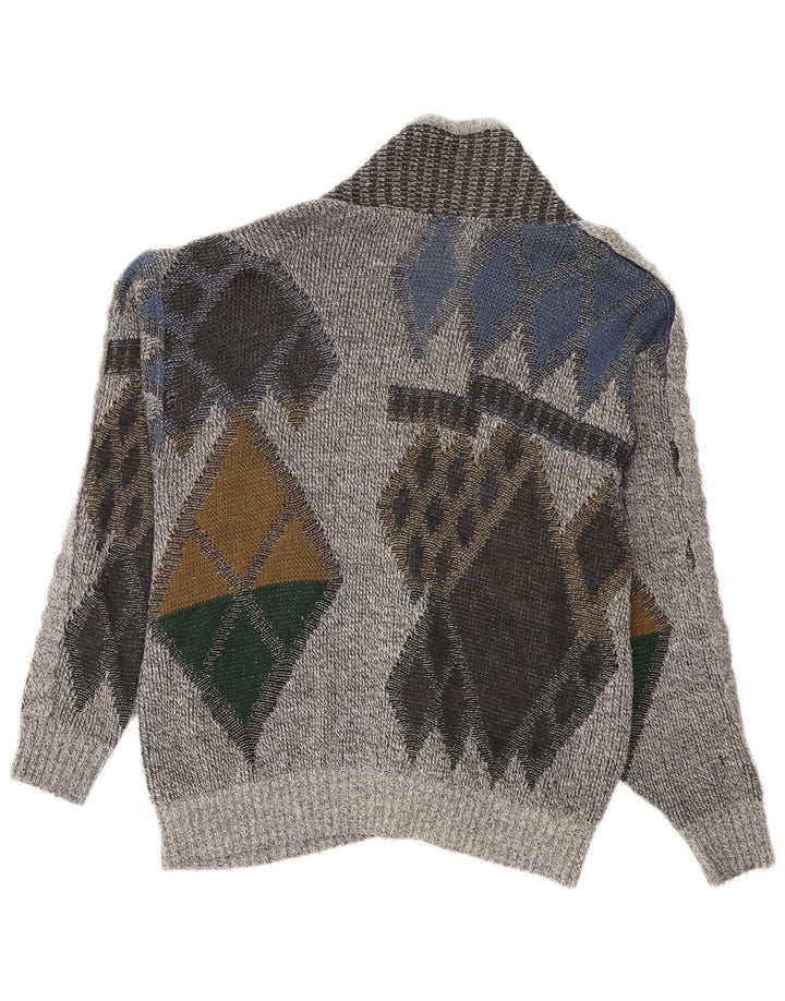 vintage Homme Cardigan Pull IT 50 Gris Moyen Argyle/Diamant