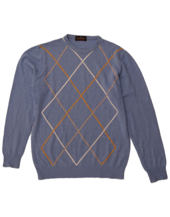 MALAGRIDA Pull à col rond pour homme, grand, bleu, argyle/diamant