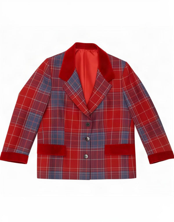 vintage Femmes 3/4 Manches 3 Bouton Blazer Veste UK 16 Grand Plaid Rouge