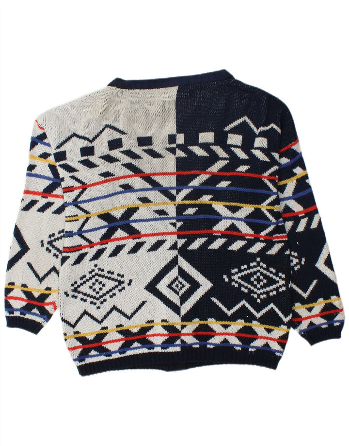 VINTAGE Femmes Cardigan surdimensionné Pull UK 16 Grand Bleu Marine Géométrique