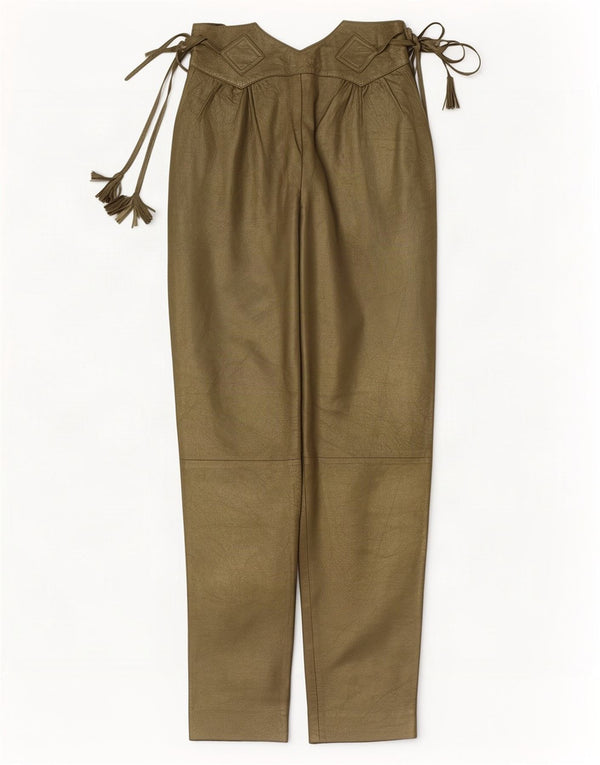 Pantalon en cuir taille haute femme vintage IT 42 Medium W28 L30 Kaki