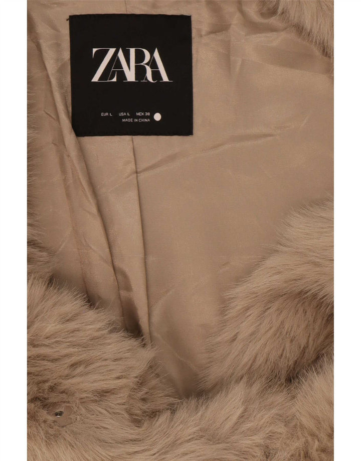 Zara Veste en fausse fourrure en popeline pour femme UK 16 Large Beige Polyester