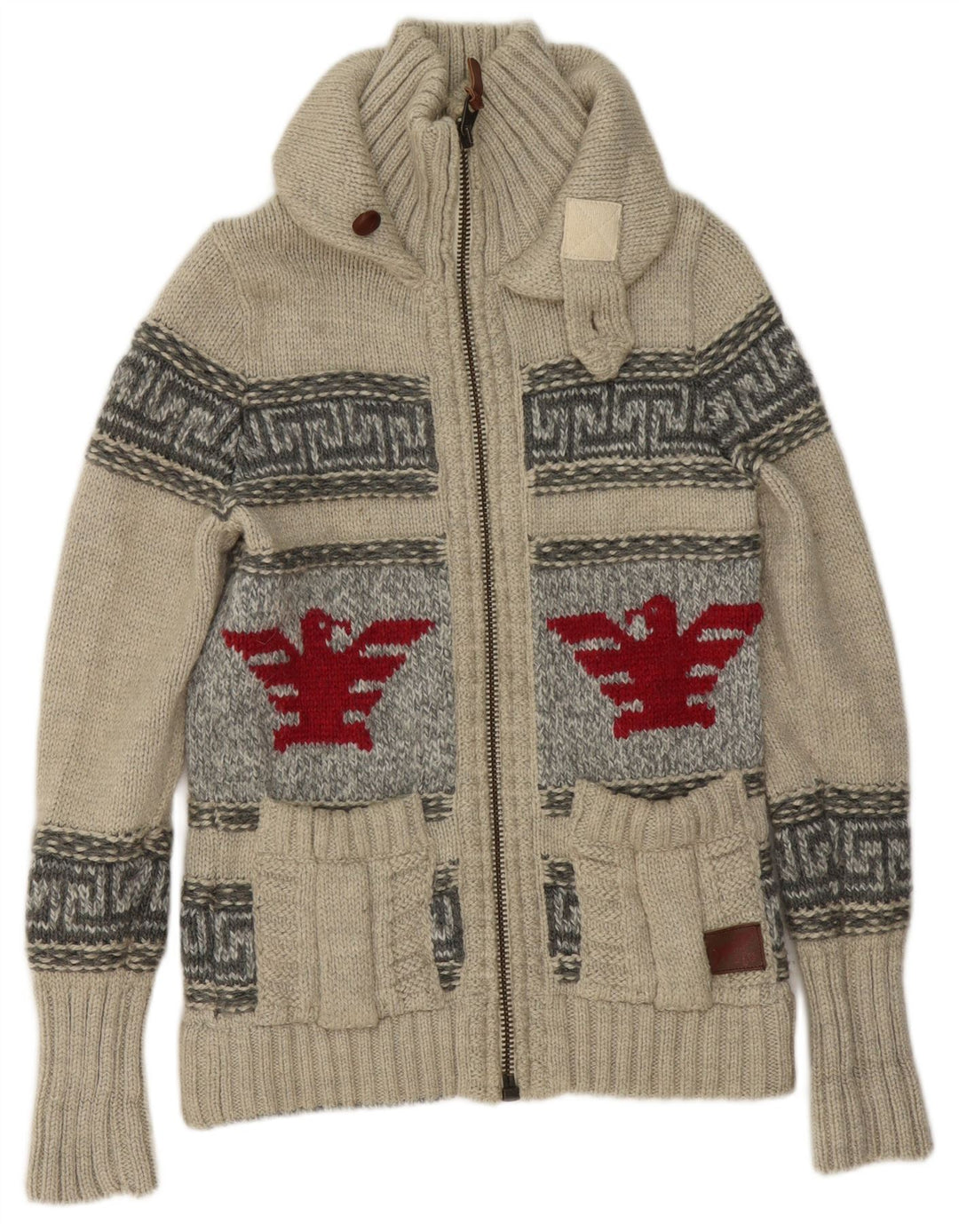Superdry Pull Cardigan Graphique Full Zip Homme Gris Laine Géométrique Petit