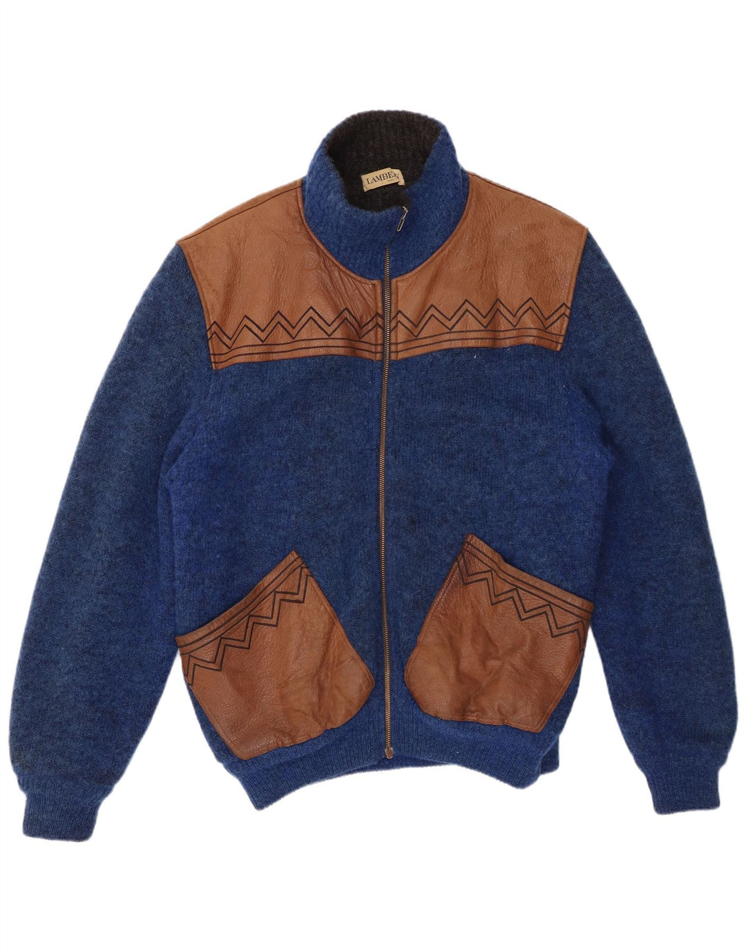 LAMBERS Cardigan Homme Pull Large Bleu Colorblock Laine
