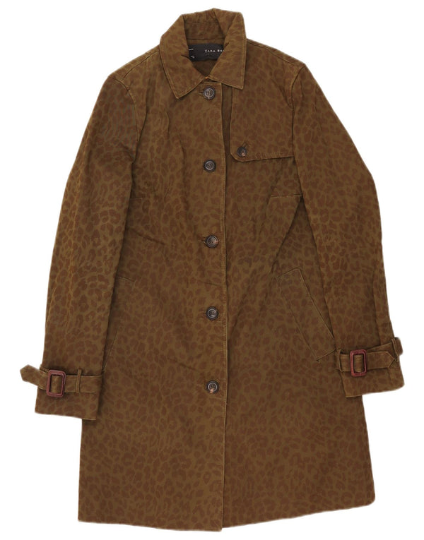 Zara Womens Trench Coat UK 10 Petit Kaki Animal Print Cotton