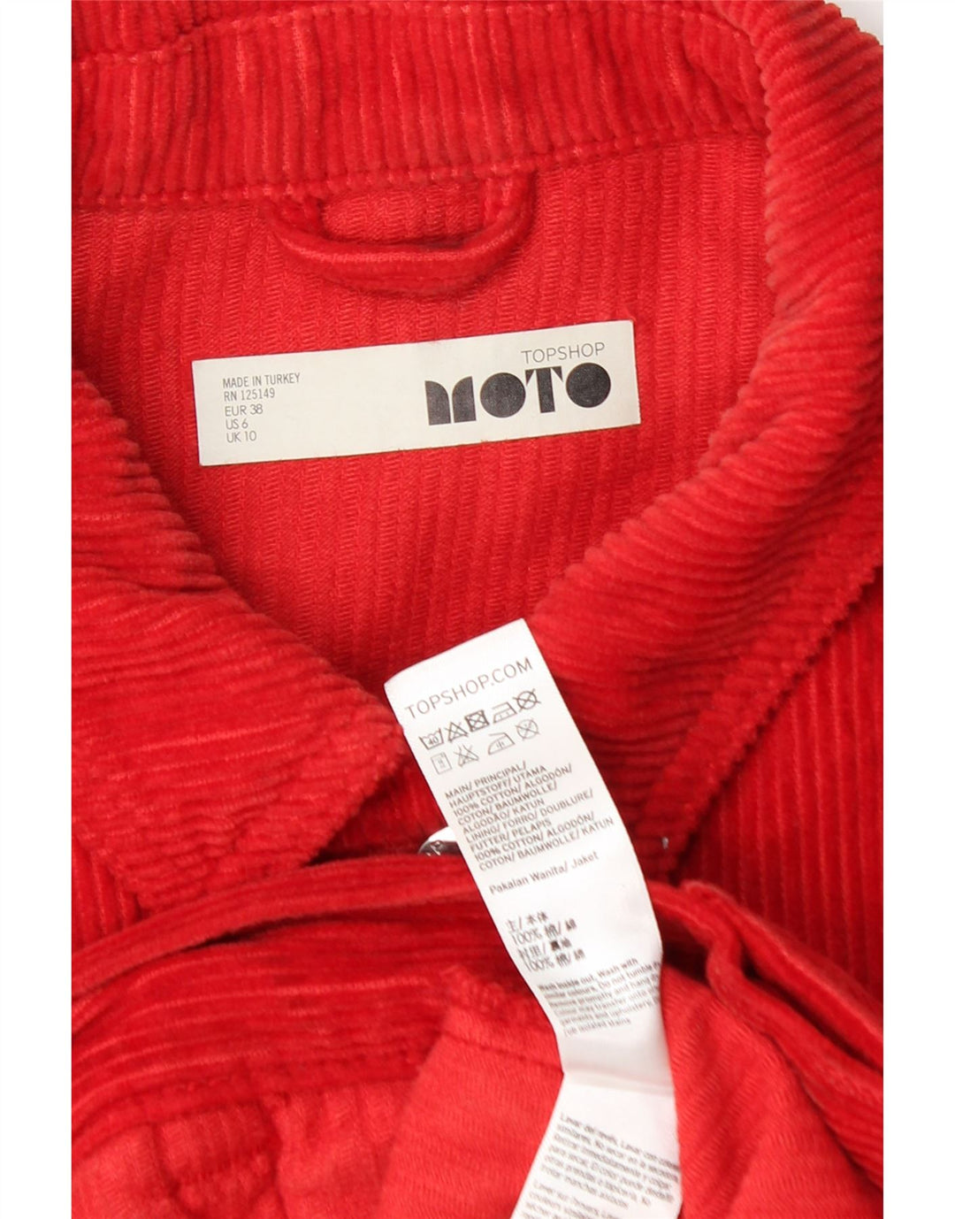 Topshop Veste surdimensionnée en velours côtelé pour femme UK 10 Petit coton rouge