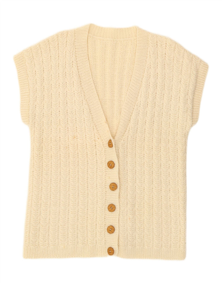 VINTAGE Femmes Manches Courtes Cardigan Pull UK 16 Grand Blanc Cassé