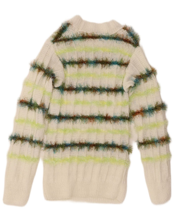 vintage Womens Boat Neck Jumper Sweater UK 10 Petit Blanc Rayé