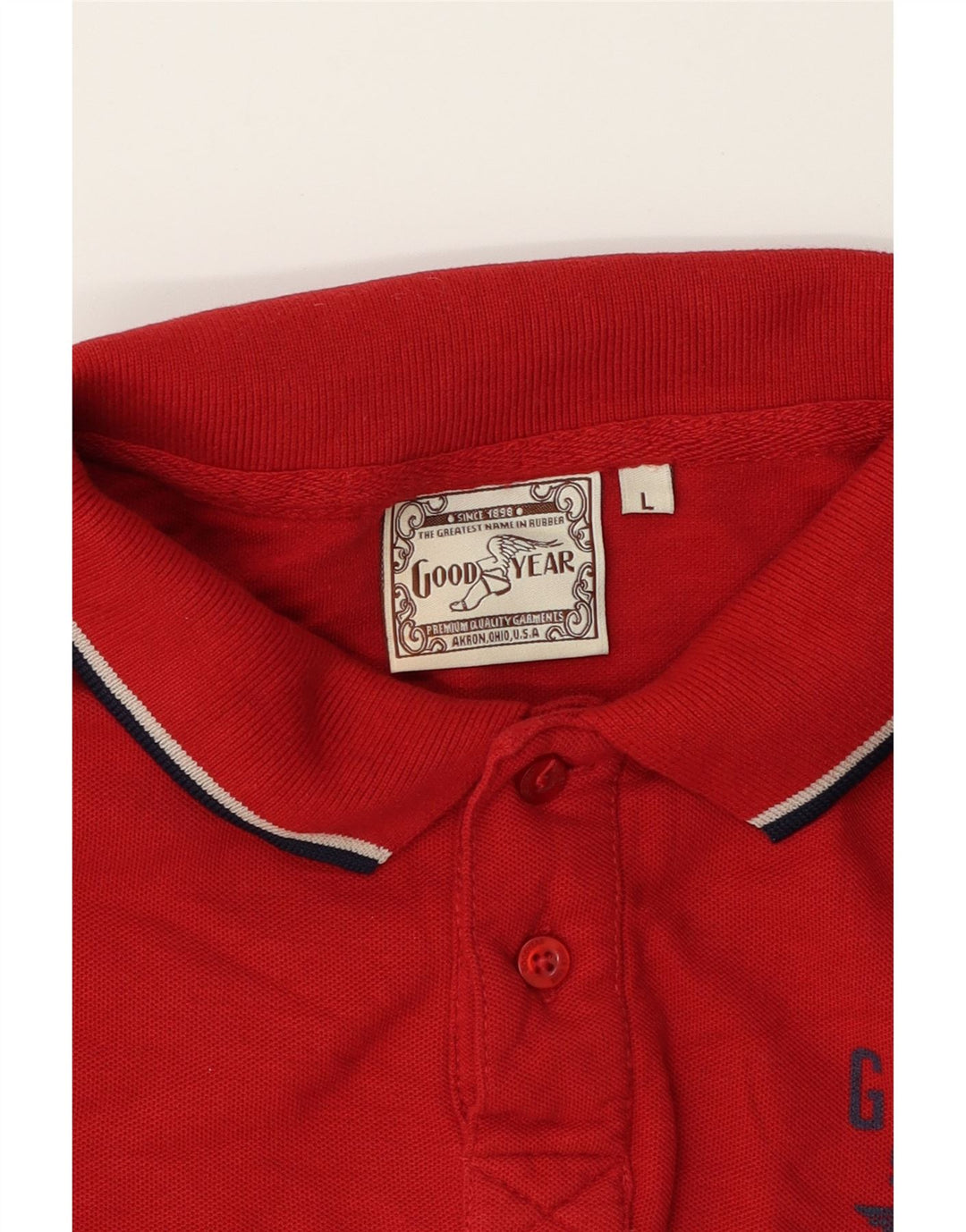 GOOD YEAR Mens Graphic Polo Shirt Large Red Cotton Vintage Good Year and Second-Hand Good Year from Messina Hembry 