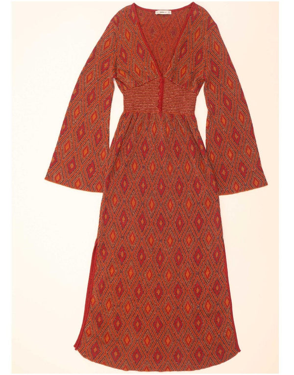Zara Robe longue en tricot à manches longues pour femme UK 12 Rouge moyen géométrique