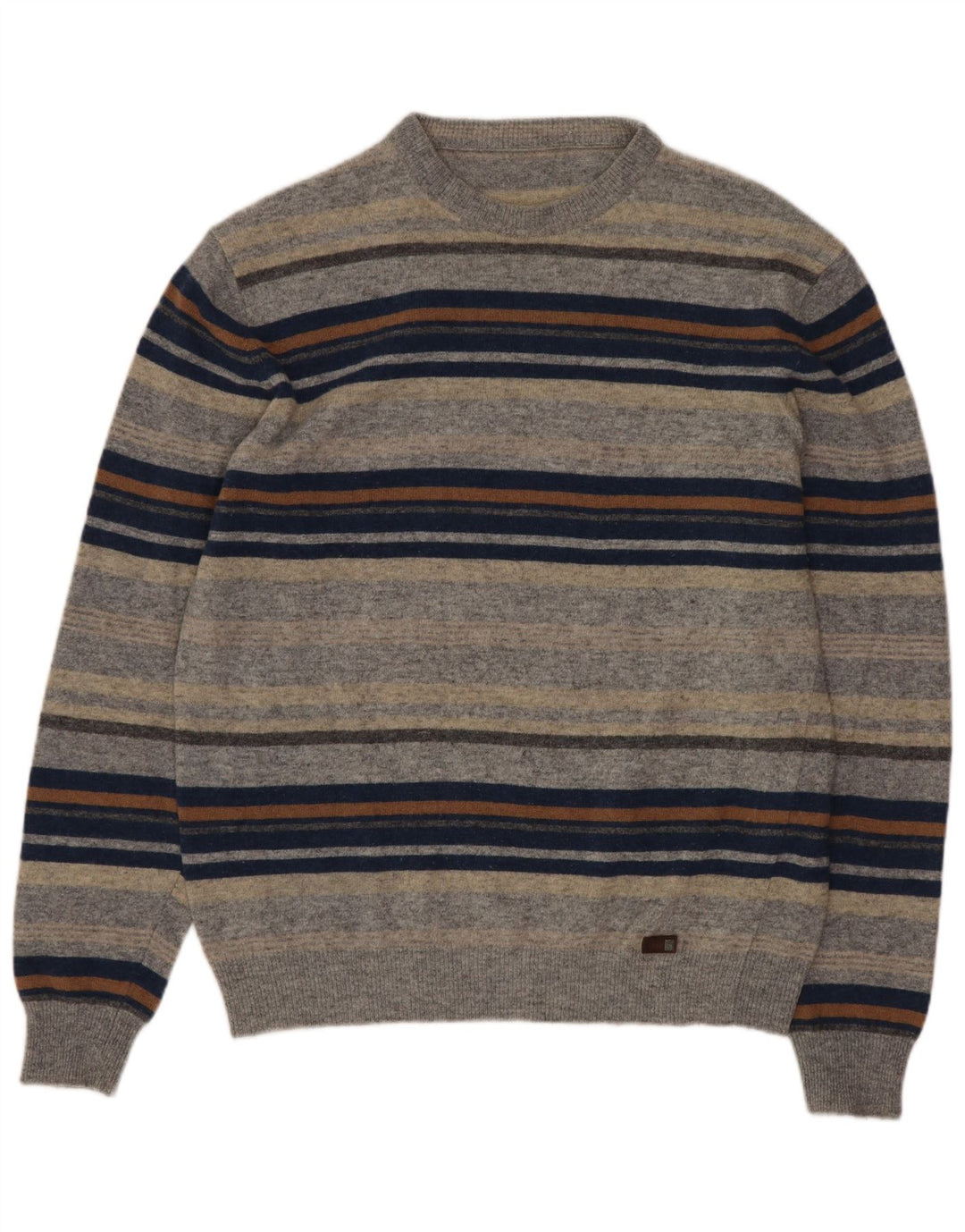 vintage Mens Crew Neck Jumper Pull Petite Laine Vierge Rayée Grise