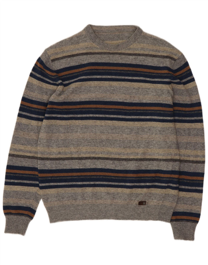 vintage Mens Crew Neck Jumper Pull Petite Laine Vierge Rayée Grise