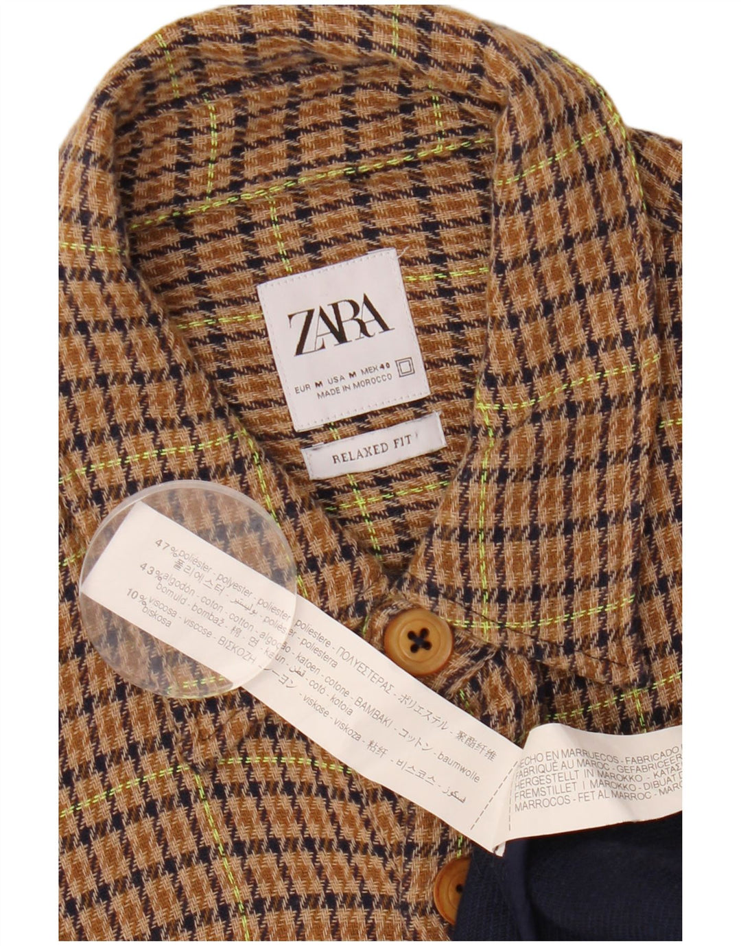 ZARA Homme Surchemise Coupe Décontractée Chemise En Flanelle Marron Moyen Pied-de-Poule