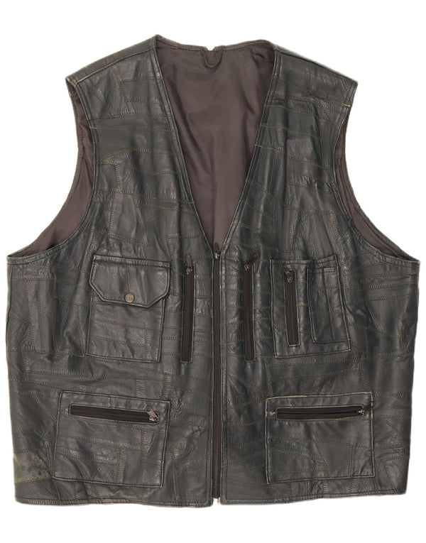 Vintage Mens Leather Utility Gilet UK 46 3XL Black Patchwork