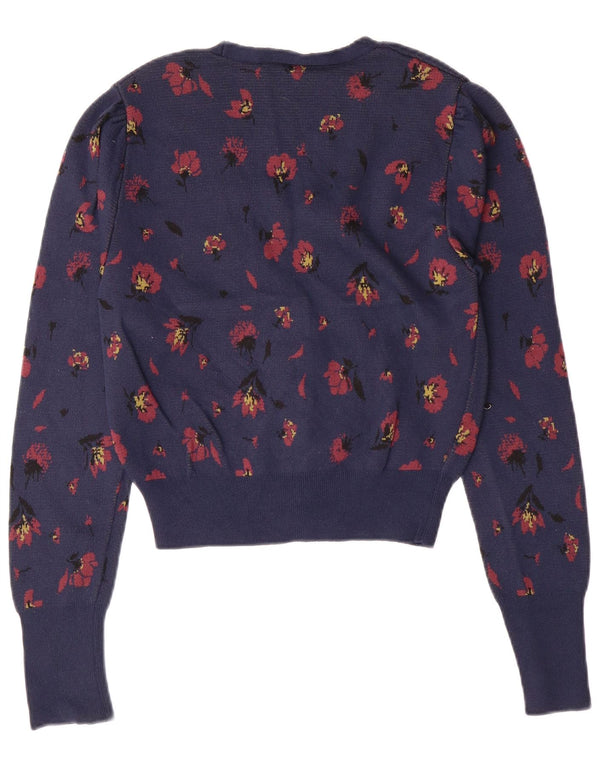 ZARA Womens Crop Cardigan Sweater UK 10 Petit Bleu Marine Floral Polyamide