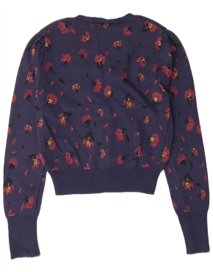ZARA Womens Crop Cardigan Sweater UK 10 Petit Bleu Marine Floral Polyamide