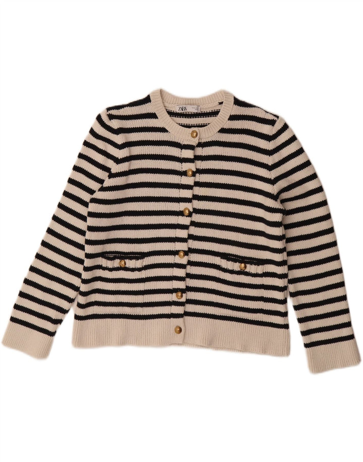 ZARA Femme Cardigan surdimensionné Pull UK 14 Moyen Blanc Rayé