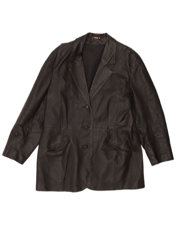 vintage Femmes 3 Boutons Veste Blazer En Cuir UK 20 2XL Cuir Noir
