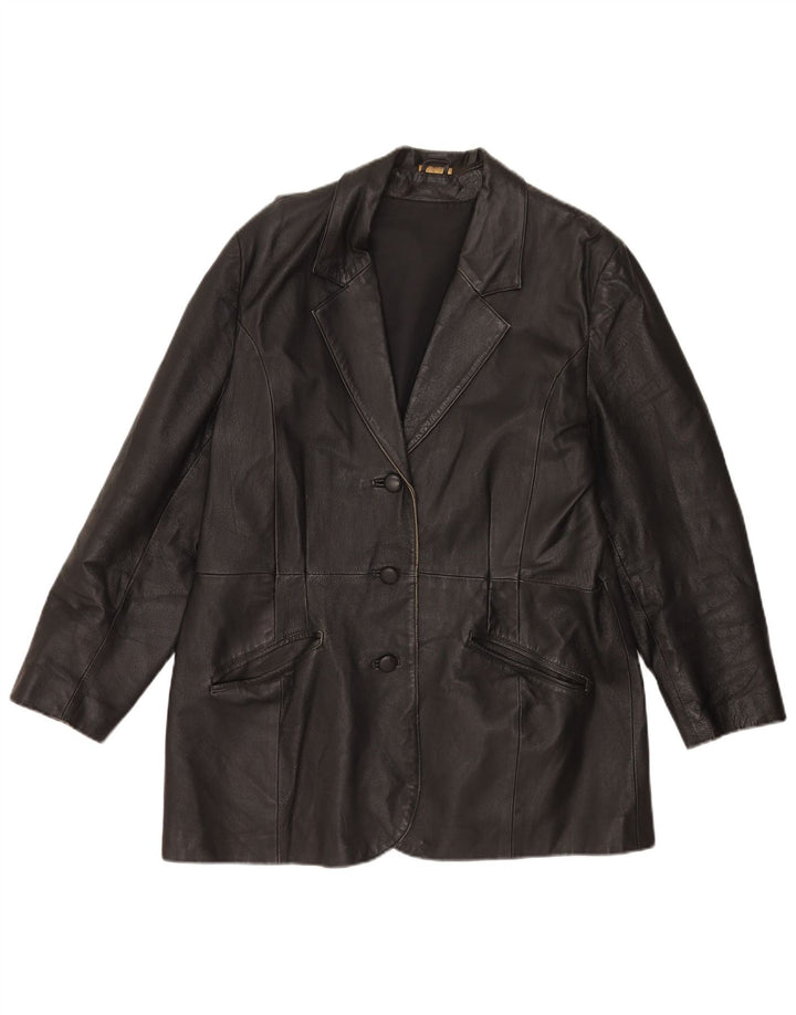 vintage Femmes 3 Boutons Veste Blazer En Cuir UK 20 2XL Cuir Noir