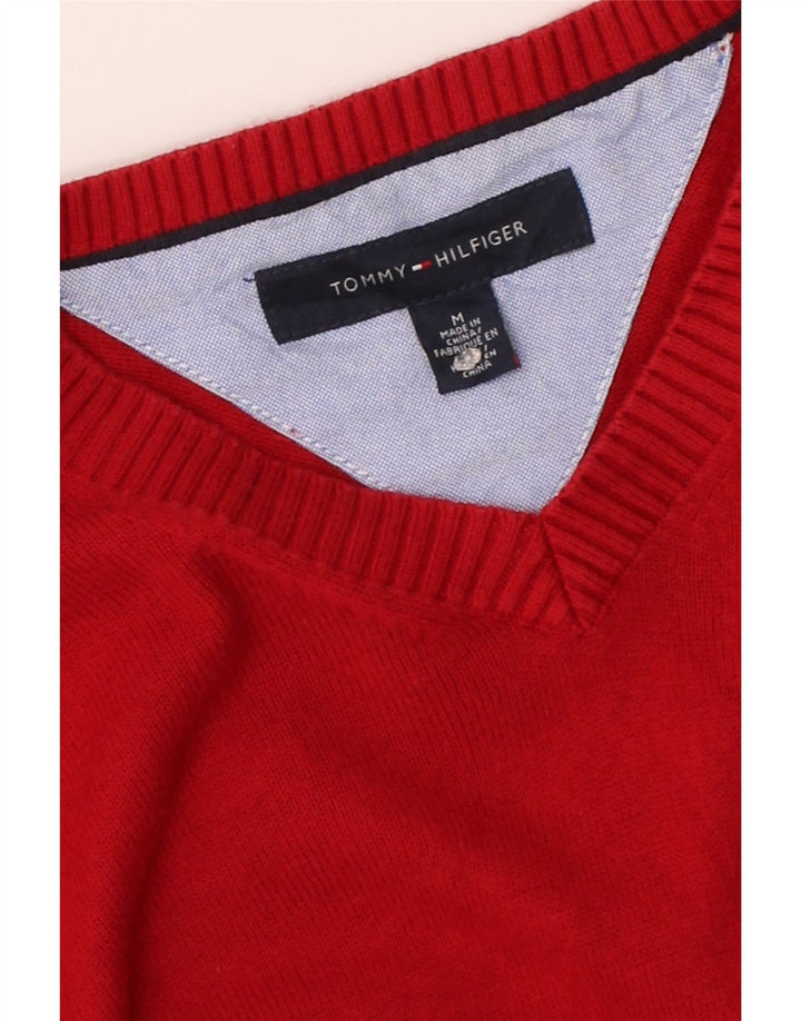 TOMMY HILFIGER Mens V-Neck Jumper Sweater Medium Red Cotton Vintage Tommy Hilfiger and Second-Hand Tommy Hilfiger from Messina Hembry 